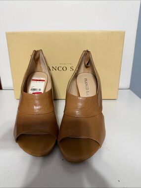 Franco Sarto Brown Leather Open-Toe Slip-On Wedges